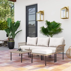 Conjunto de Jardim em Vime Sintético Conjunto de Móveis de Exterior com Sofá de 4 Módulos 1 Mesa de Centro e Almofadas Creme