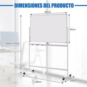 Quadro branco magnético dupla face com suporte de rotação 360° para escola, casa e mesa 56 x 128 x 145-173 cm branco