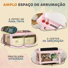Cavalete de Pintura Infantil 3 em 1 Quadro Dupla Face com Rolo de Papel e Cestos de Arrumação Rosa