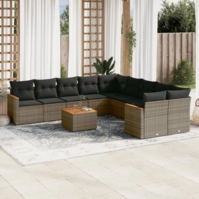 11 pcs conjunto sofás de jardim c/ almofadões vime PE cinzento