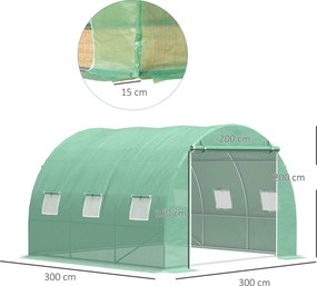 Estufa de jardim de 9 m², estufa tipo túnel de 3 x 3 x 2 m com porta enrolável e 6 janelas em malha de aço PE verde