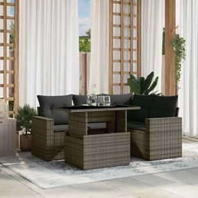 5 pcs conjunto sofás de jardim c/ almofadões vime PE cinzento