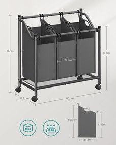 Cesto para roupa suja com Rodas 3 x 45 L cinzento ardósia