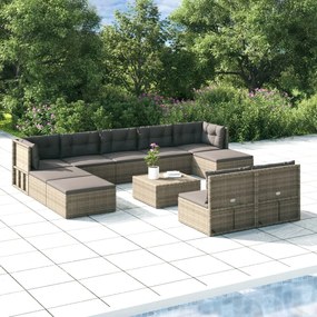 vidaXL 10 pcs conjunto lounge de jardim c/ almofadões vime PE cinzento