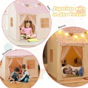 Tenda Casa para crianças infantil 119 x 104 x 129 cm com cortinas, janelas, luzes, bandeirinhas e tapete acolchoado interior rosa