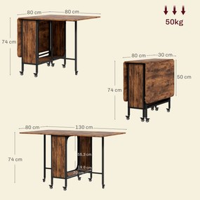 Mesa de cozinha dobrável e extensível para sala de jantar 130 x 80 x 74 cm (CADEIRAS NÃO INCLUIDAS), com Rodas, para até 6 pessoas, prateleira integra