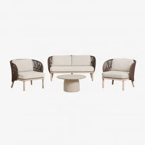 Conjunto De Jardim Com Sofá De 2 Lugares, 2 Poltronas Capri E Mesa De Centro Redonda Ø75 Cm Em Cimento Layana Castanho Chocolate - Sklum