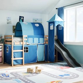 vidaXL Cama alta para criança com torre 90x190 cm pinho maciço azul