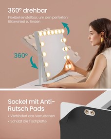 Espelho de maquilhagem com iluminação e ligações para carregamento 10 x 62,5 x 45,8 cm, branco mate