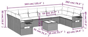 11 pcs conjunto sofás de jardim c/ almofadões vime PE preto