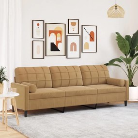 Sofá 3 lugares c/ almofadas decorativas 210 cm veludo castanho