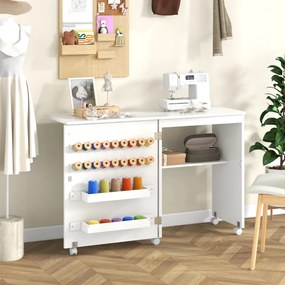Mesa de Costura Dobrável Multifuncional Estante Compacta 2 Tabuleiros e 18 Pinos Armário de Costura com Porta e 5 Rodas Branco