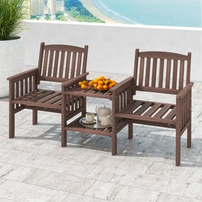 Banco de jardim com mesa com 2 níveis e orifício para guarda-sol em madeira de abeto natural castanho escuro