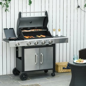 Churrasqueira a Gás com Rodas Churrasqueira 4+1 Queimadores 3KW e Mesa Lateral Armário de Armazenamento Aço Inoxidável Barbecue a Gás 128x50x113cm Pre