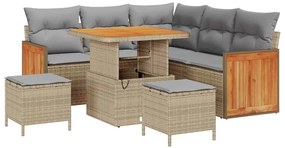 Conjunto de Sofá de Jardim de 8 Peças com Almofadas Bege Vime Poliéste
