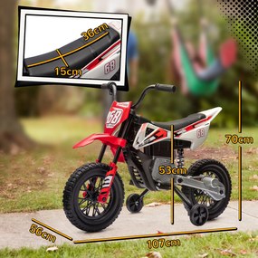 Mota Elétrica para Crianças com Bateria 12V Música Velocidade 2,4-5 km/h e Rodas Auxiliares 107x56x70 cm Vermelho
