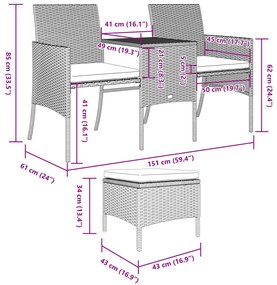 Sofá de jardim de 2 lugares com mesa e bancos vime PE cinzento