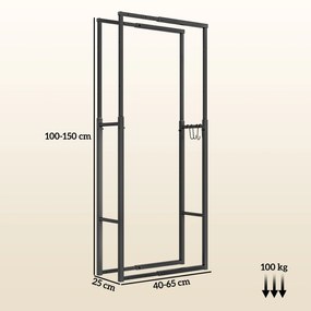 Suporte para Lenha Extensível com 4 Ganchos Carga Máxima 100 kg para Interior e Exterior 40-65x25x100-150 cm Preto