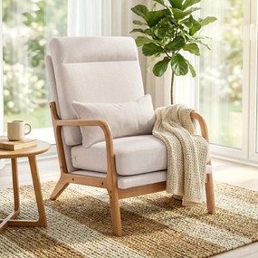 Poltrona de sala, poltrona auxiliar estofada em linho com assento largo, apoio lombar, encosto alto, 64 x 86 x 93 cm, creme