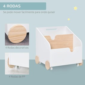 Caixa de Armazenamento de Brinquedos de 2 Seções com Rodas Puxador Carrinho de Madeira Infantil 40x43x43cm Branco e Madeira Natural