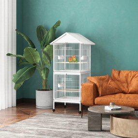 Gaiola para Pássaros 2 em 1 com 2 Andares Rodas 4 Comedouros 4 Poleiros e Bandejas Amovíveis  78x75x168 cm Branco