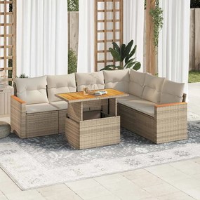 vidaXL 7 pcs conjunto sofás jardim com almofadões vime PE/acácia bege