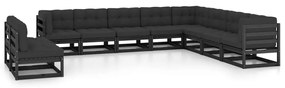 vidaXL 10 pcs conjunto longue jardim c/ almofadões pinho maciço preto