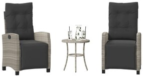 vidaXL 3 pcs conjunto bistrô com almofadões vime PE cinzento claro