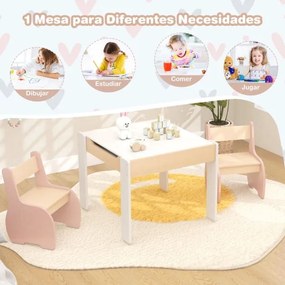 Conjunto de mesa e 2 cadeiras para crianças Mesa de atividades de madeira 4 em 1 para arte, desenho, leitura e quadro removível Rosa