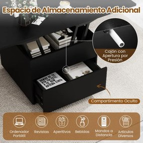 Mesa de centro elevável dobrável 3 em 1 com gaveta de armazenamento oculta e rodas bloqueáveis 360° Móvel preto