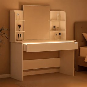 Toucador de maquilhagem Lucia 140x110x40cm, com banco com rodas Branco