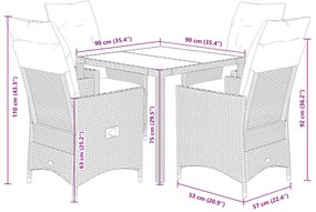 5 pcs conjunto de jantar p/ jardim com almofadões vime PE bege