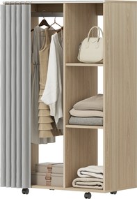Armário guarda-roupa móvel com 4 rodas, varão para roupa e prateleiras, 80x40x128 cm, efeito de madeira natural