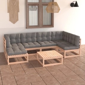 7 pcs conjunto lounge de jardim com almofadões pinho maciço