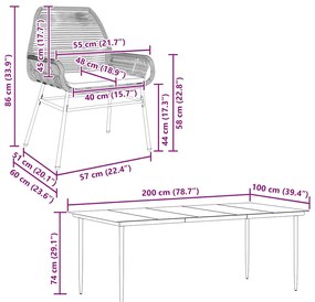 Conjunto jantar jardim 7 peças almofadas vidro vime cinzento PE
