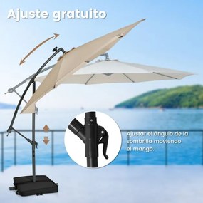 Guarda-sol de 3m com pega 32 luzes LED solares com base de saco de areia Toldo impermeável para pátio jardim piscina Bege