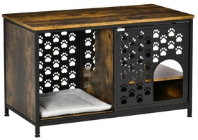 PawHut Casa para Gatos de Madeira com Mesa Superior e Prateleiras de Armazenamento e Caverna Cama para Gatos com Almofada Lavável e Porta Deslizante Aço 101x52x60cm Marrom Rústico