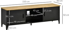 Móvel de TV 150 x 40 x 50 cm para televisores de 55'' com 2 armários, pés ajustáveis, preto e tampo em cor natural