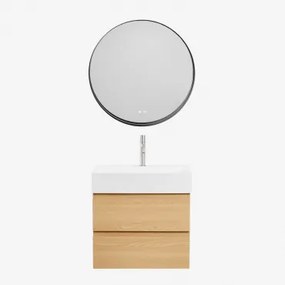 Conjunto De Móvel De Casa De Banho Em Madeira E Chapa De Freixo Com Lavatório Integrado Ona Madeira Natural & Redondo Led - Sklum