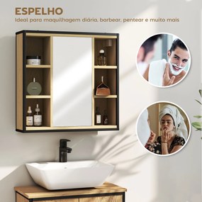 Armário de Casa de Banho com Espelho Prateleira Ajustável e 6 Compartimentos Abertos 60x16x58,5 cm Madeira