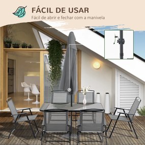 Outsunny Conjunto de Móveis de Jardim 8 Peças com 6 Cadeiras Dobráveis Mesa com Bancada de Vidro e Chapéu de Sol Inclinável Proteção Solar para Terraço Exterior Cinza