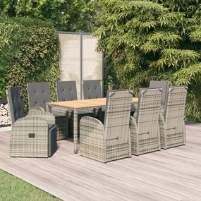 vidaXL 9 pcs conjunto de jantar p/ jardim c/ almofadões vime PE cinza