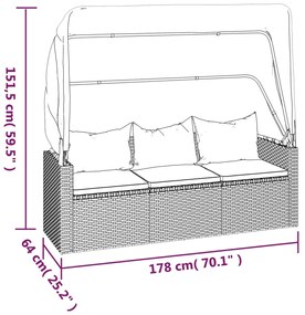 Sofá de jardim de 3 lugares c/ teto/apoio de pés vime PE cinza