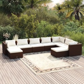 vidaXL 9 pcs conjunto lounge jardim c/ almofadões vime PE castanho