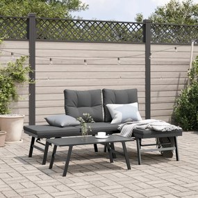 vidaXL 3 pcs bancos de jardim com almofadões aço revestido a pó preto