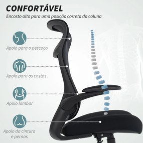 Cadeira de Escritório Ergonómica com Suporte Lombar e Apoios de Braços 3D Dobráveis Função de Basculante 64x65x108-118 cm Preto