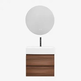 Conjunto De Móvel De Casa De Banho Em Madeira E Chapa De Freixo Com Lavatório Integrado Ona Madeira Escura & Redondo Led E - Sklum