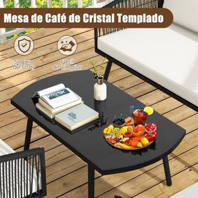 Conjunto de jardim para 4 pessoas com sofá de 2 lugares, 2 cadeiras e mesa de centro em vidro temperado Preto e branco
