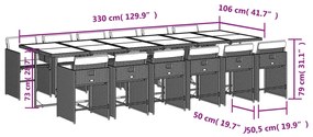 13 pcs conjunto jantar p/ jardim c/ almofadões vime PE cinzento