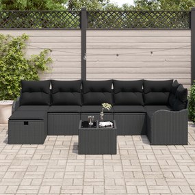 Conjunto de Sofá de 8 Peças com Almofadas Preto Rattan Poliéster